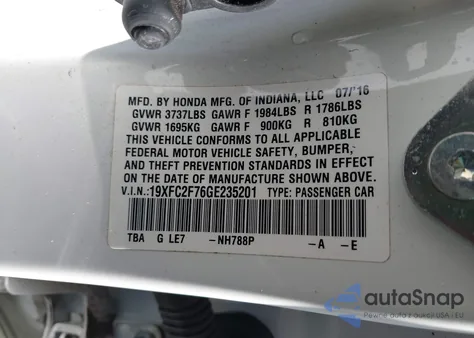 2016 Honda Civic Ex z USA, uszkodzony, nr VIN 19XFC2F76GE235201